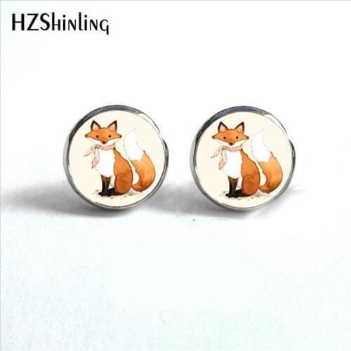 2017 New Arrival Cartoon Fox Stud Earrings Woodland Creature Round Jewelry Glass Dome Earrings Wholesale HZ4