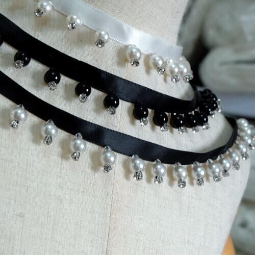 Handmade beaded rhinestones fringed lace pearl trim pendant accessories skirt curtain costume decoration diy lace ribbon