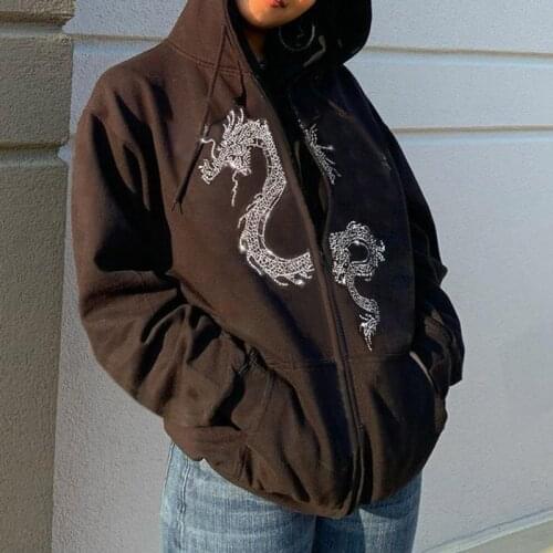 Dragon Rhinestone Hoodie Casual Fashion Long Sleeve Zipper Hoodies Winter 2021 Harajuku Punk Streetwear Loose Women Hoodie