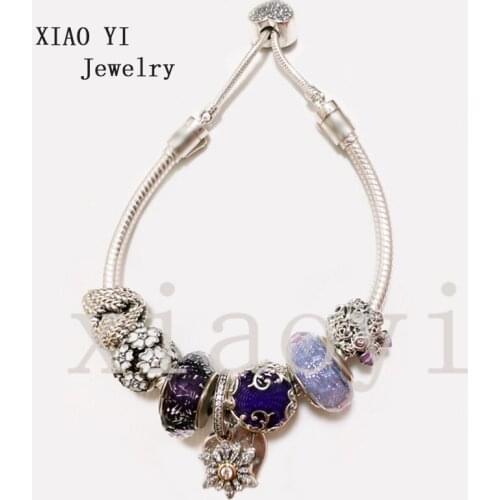 XIAOYI 2020 new 100% s925 Purple glaze love snowflake wings hollowed out Flower Bow fashion temperament pull Bracelet female