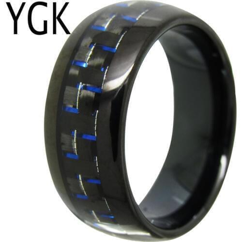 YGK Wedding Jewelry Black Dome With Black Blue Fiber Tungsten Rings for Mens Bridegroom Wedding Engagement Anniversary Ring