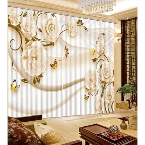 Living Room or Hotel Cortians Window Curtains 3D Tridimensional Scenery Printing White Flower Butterfly Pattern 3D Curtain