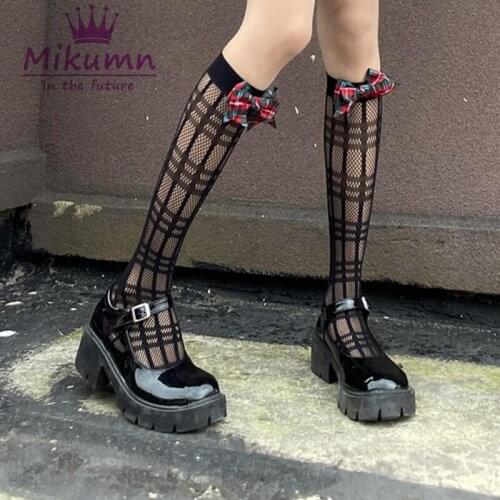 Harajuku Black White Plaid Bow Lace Mesh Knee High Socks Women Lolita Chic Streetwear
