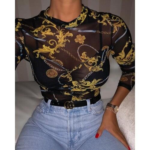 Women Top Turtleneck Long Sleeve Tops Mesh Sheer See Through Print Shirt Blouses Transparent Slim Shirt Bodysuit Clubwear Summer