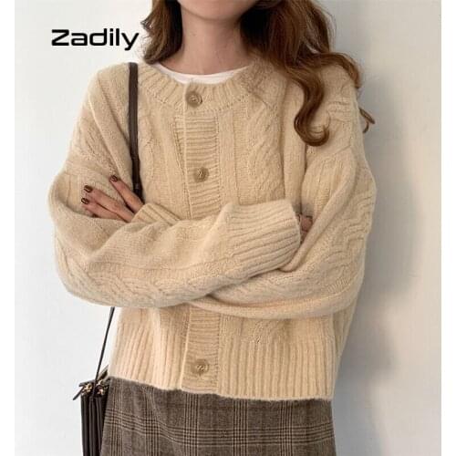 Zadily Chic 2021 Autumn Twist Knit Button Up Womens Sweater Korean Style Solid Cardigan Coat Winter Female Outerwear Clothing