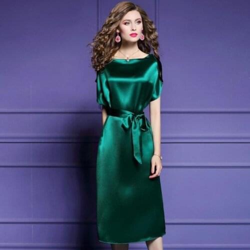 Plus Size 5XL Smooth Satin Dress Women Summer Thin Elegant Short Sleeve Party Dress Vintage Bandage Silk satin drape dress
