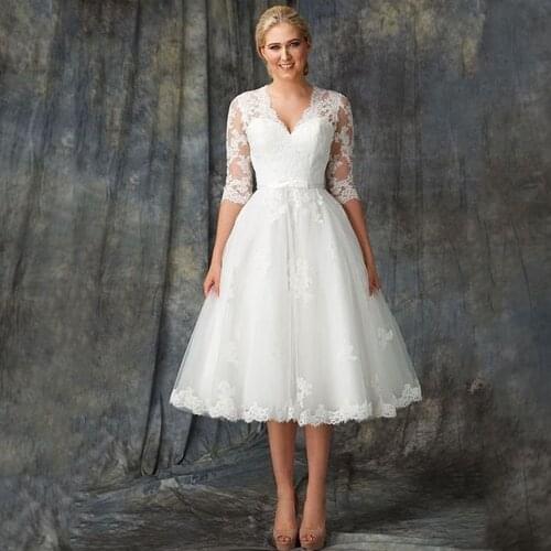 Short Wedding Dresses Tea Length Robe De Mariée 2021 V-Neck Bride Dress Half Sleeves Vestido De Novia A-line White Elegant Gowns
