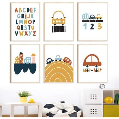 Beep Car Number Alphabet Rainbow City Nordic Posters And Prints Nursery Wall Art Canvas Painting Wall Pictures Child Room Decor