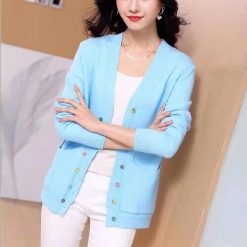 2021 spring and autumn fashion new sweater loose western style long-sleeved v-neck solid color top womens knitted cardigan