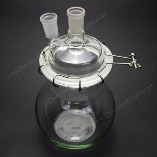 3000ml,24/40,Glass Reactor,Two-Necks,Flat Bottom Reaction Kettle,W/Clamp & Lid