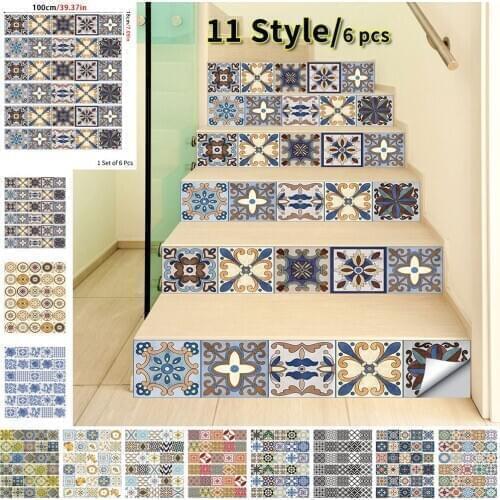 6 PCS Art Moroccan Spanish Retro Tiles Self-adhesive Staircase Decals Waterproof Stairs Decoration Stairway Decorative Dtickers