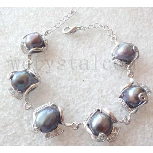 Genuine Baroque Black Pearls 11 12mm Silver Tone Bracelet