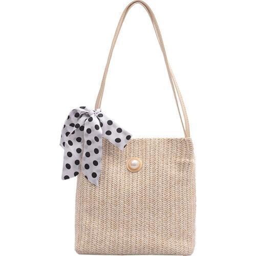 E+ Straw Shoulder Sling Beach Bags Knitted Woven Polka dot Tibbon Pearl Handbag for Girl Women Rattan Bag Bucket Mini 2019