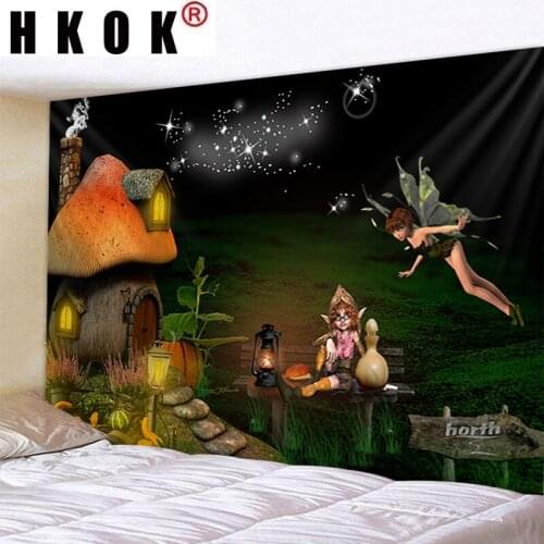 HKOK Mushrooms Elves Fairy Tales Poster Tapestry Hanging Covering Rugs Background Cloth Beach Mat Blanket Art Bedroom Home Decor