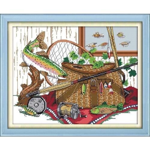 Joy sunday cartoon style Fishing gear 14CT and 11CT stamped fabric cross stitch pattern needlepoint kits for kids