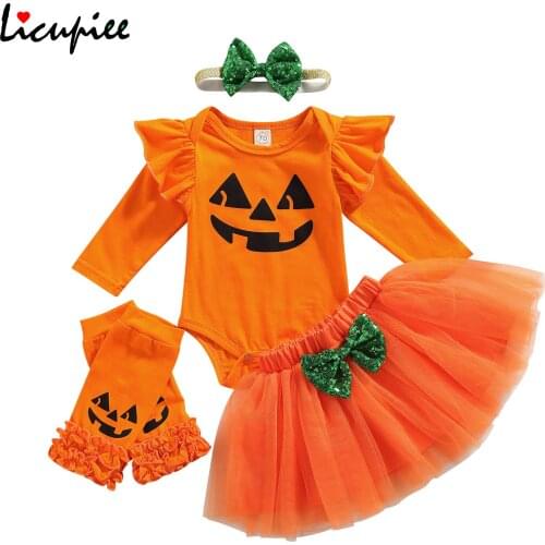 0-24 Months 4pcs Halloween Baby Girls Outfit Printing Long Sleeve O-collar Romper + Mesh Bubble Skirt + Leggings + Headwear Set