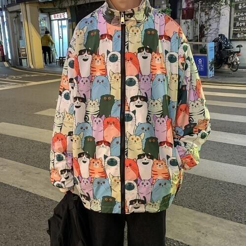 SKENIAO Jackets [clothing] Stand collar jacket mens spring cartoon large loose jacket