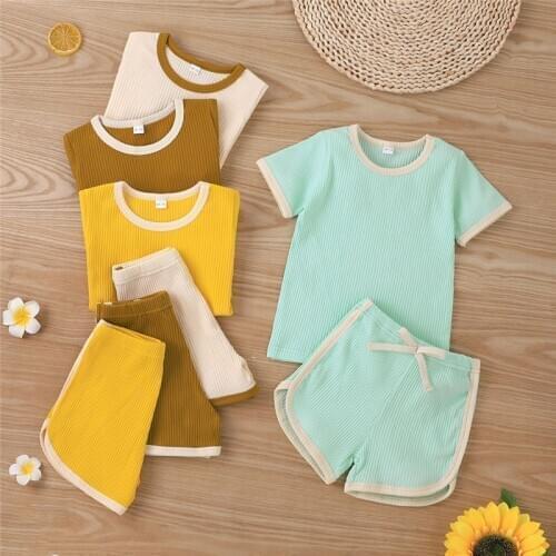 4 Colors Toddler Baby Boys Girls Summer Casual Clothes Solid Ribbed Knitted Short Sleeve T-shirts+Shorts Children Sport Sets