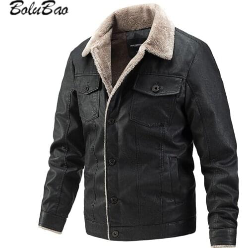 BOLUBAO Fleece Leather Jacket Men Casual Fashion Slim Warm PU Motorcycle Jacket Men New Winter Lapel Single-Breasted Men Jacket