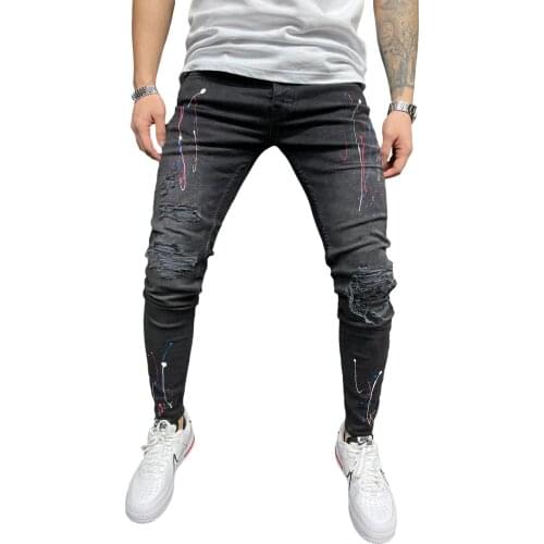 Mens Painted Skinny Slim Fit Straight Ripped Distressed Pleated Knee Patch Denim Pants Stretch Jogging Pencil Jeans