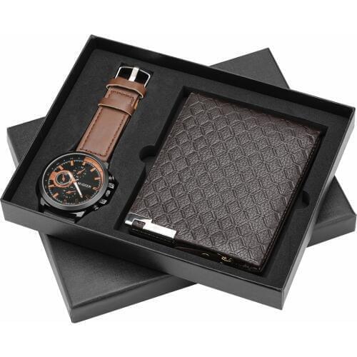 Watch Wallet Set for Men Leather Strap Quartz Watches Zipper Leather Wallet Credit Card Holder for Boyfriend Husband