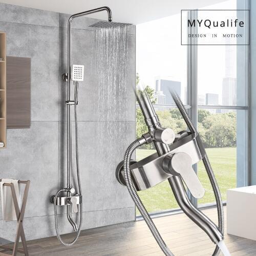 Brushed Nickel Shower Faucet Set Single Handle Swivel Bath Spout Rainfall Shower Mixers Stainless Steel Rain Shower Head 3-ways