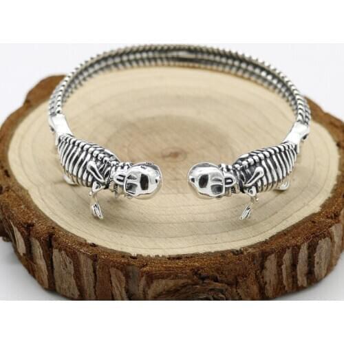 Manufacturers Wholesale S925 Sterling Silver Men And Women Fashion Double Skull Open Ended Retro Thai Silver Bangle