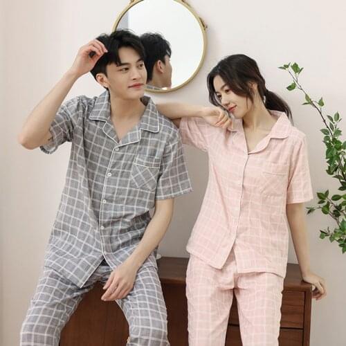 New 100% Cotton V Neck Pajamas For Lovers 2 Piece Set Short Sleeve Home Clothes Summer Casual Plaid Men Women PJs Sleepwear Sets