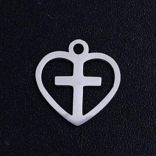 10pcs/lot 12*12mm Stainless Steel Heart Cross Pendant Bracelet Charms DIY Jewelry Making Handicraft Accessories Wholesale