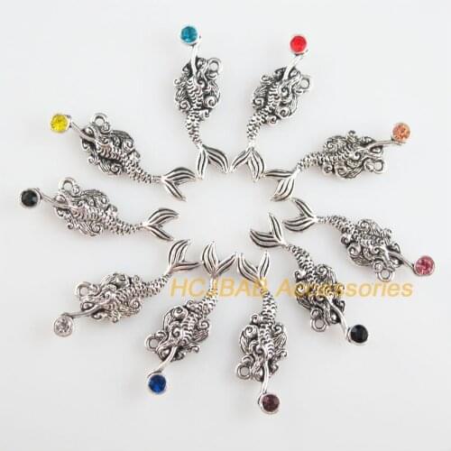 Fashion 10Pcs New Mermaid Charms Tibetan Silver Tone Retro Mixed Crystal Pendants 10.5x32mm