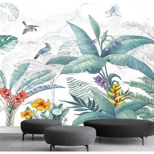Custom Mural Small Fresh Tropical Plants Flowers Wallpaper Living Room TV Sofa Background Wall Decor Wall Cloth Papel De Parede