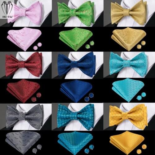 Hi-Tie Silk Paisley Floral Mens Bowtie Adjustable Butterfly Self Bow Tie Fashion Party Wedding With Pocket Square Cufflinks Set