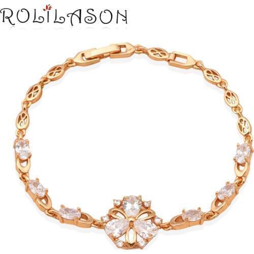 ROLILASON Classic design flower shaped crystal white Zircon golden bracelets for women party Health fashion jewelry TB499