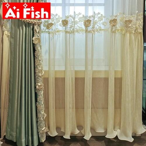 Luxury Embossed 3D Flowers Embroidery Skirts Lace Tulle with Stitching Curtains Imitation Solid Silk Shade Bedroom Curtains #4