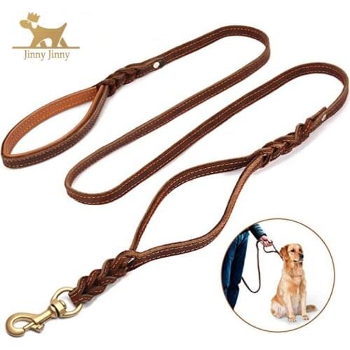 Luxury Genuine Leather Double Handle Dog Leash, Braided Training Lead with Traffic Handle, Easy Control and Heavy Duty