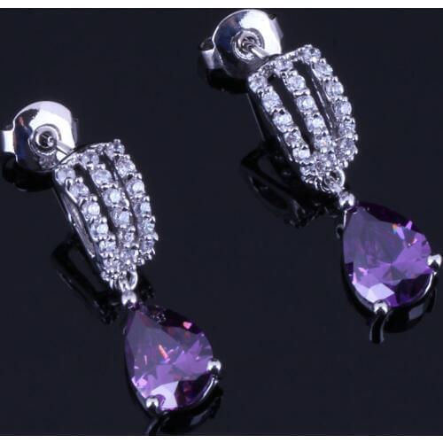 Rare Water Drop Purple Cubic Zirconia White CZ Silver Plated Drop Dangle Earrings V0371