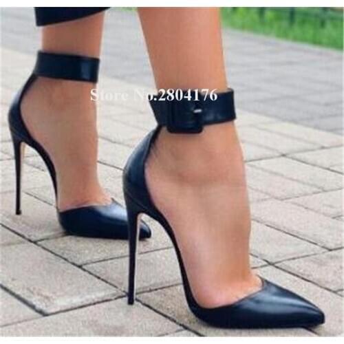 Women Elegant Pointed Toe Stiletto Heel Pumps Black Red Nude Leather Ankle Strap Big Buckle High Heels Forma Club Dress Shoes