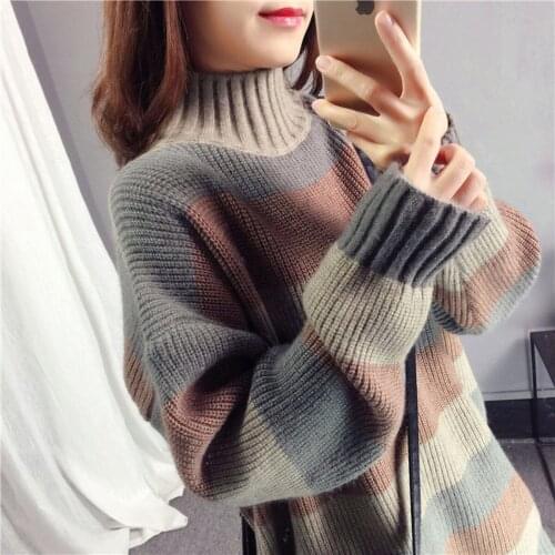 Knitted Women Turtleneck Sweater Pullovers Spring Autumn Basic Women Sweaters Loose Striped 2020 Women Fashion Korea Clothing