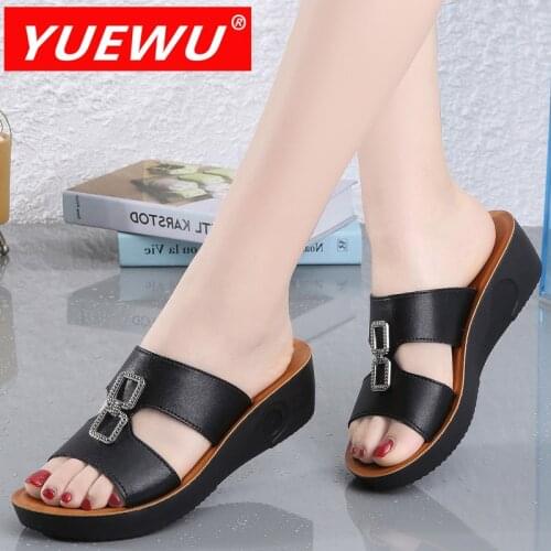 YUEWU New Arrivals Summer Middle Slope Heel Two Layers Of Cowhide Soft Sole Korean Version Leisure Antiskid Women’s Sandals