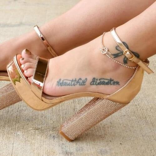 Luxury Crystal Women Square Heels Sandals Peep Toe High Platform Gold Leather Summer Dress Shoes Cut-out Ankle Strap Pump Shoes