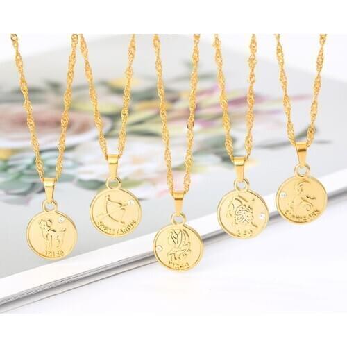 Simple Round Disc Coin Necklaces Celestial Zodiac Jewelry Womens Fashion Scorpio Gemini Virgo Constellation Necklaces Pendants