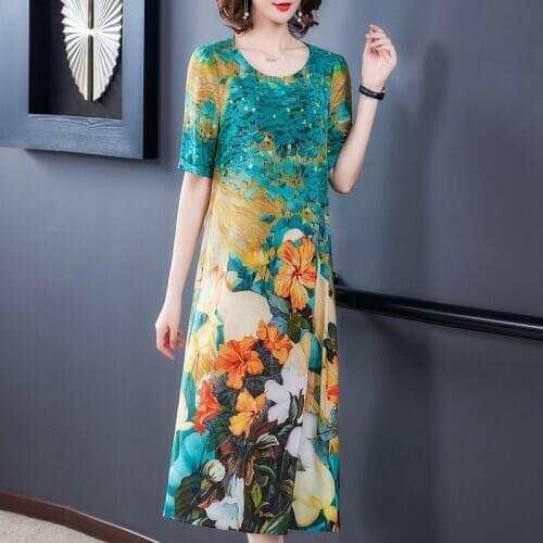 Summer Print 4XL Plus Size Casual Midi Dress 2021 Vintage Floral Mulberry Silk Beach Dress Women Elegant Bodycon Party Vestidos