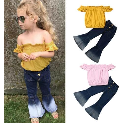 2PCS New Fashion Newborn Kids Baby Girls Off Shoulder Short Sleeve Tops Denim Flare Pants Leggings Outfits Clothes 2-7Years