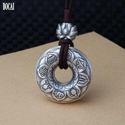 2020 real S999 silver matte handmade, auspicious eight treasures safety buckle woman pendant Buddhist heart warp sweater chain
