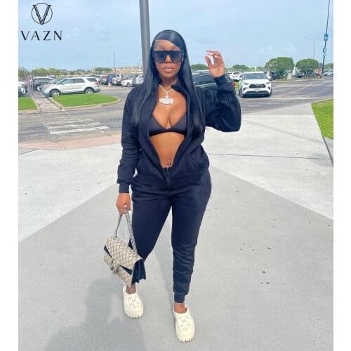 VAZN 2021 Autumn Free Black Zipper Top High-end Solid Young Sexy Full Sleeve Soft Women High Waist Skinny Pencil Jumpsuits