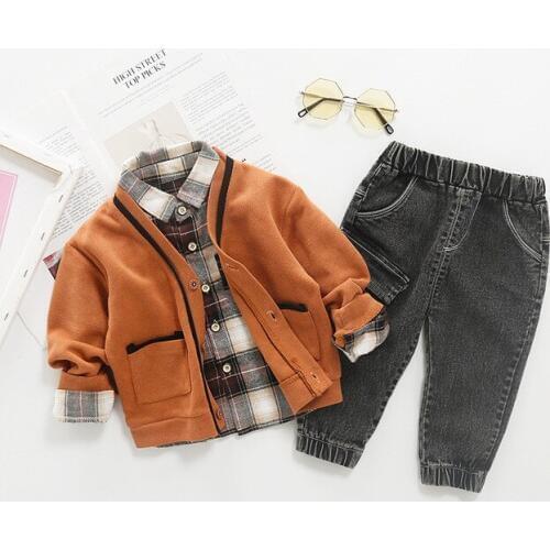 Toddler Baby Boys Clothing Sets Casual Plaid Long Sleeve Shirt Knit Cardigan Jeans 3pcs Autumn High Quality Boy Kids Tracksuit