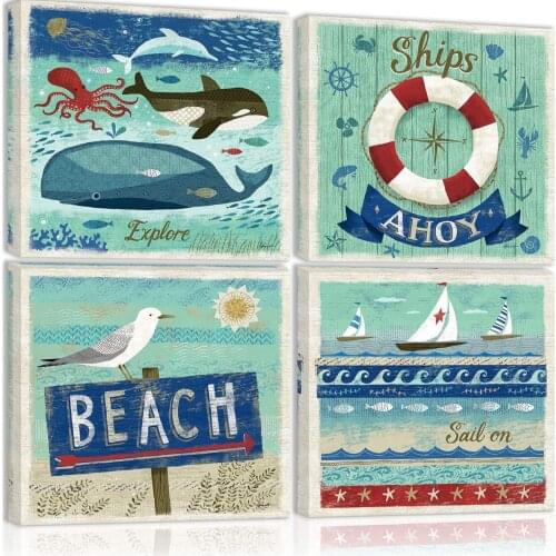 4 Pieces Blue Whale Shark Dolphin Octopus Sea Animal Jellyfish Posters Canvas Pictures Wall Art Home Decor Paintings Decorations