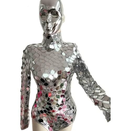 Shining Sequins Bodysuit Mask Machine Dance Costume Silver Mirrors Leotard Jazz Dance Wear Club Singer Stage Performance Outfit