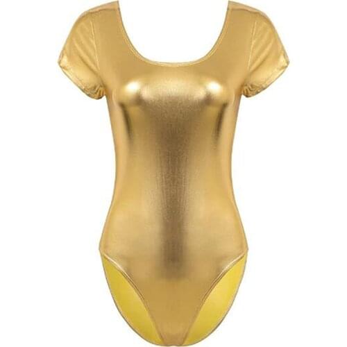 Backless Zentai Bodysuit Shiny Short Sleeve Leotard Women Stretchy Dancing Bodysuits Scoop Neck Lady Summer Clothing Plus Size