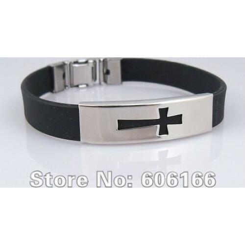 48pcs/lot Cross Wristbands Black Silicone ID Stainless Steel Bracelets Catholic Christian Fashion Religious Jewelry